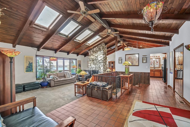 245 Banbury Rd, Mundelein, IL 60060 - tiled living room with a ceiling fan, wooden ceiling, and a skylight