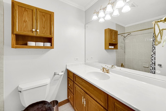 full bath featuring crown molding, a shower with shower curtain, toilet, vanity, and tile patterned floors