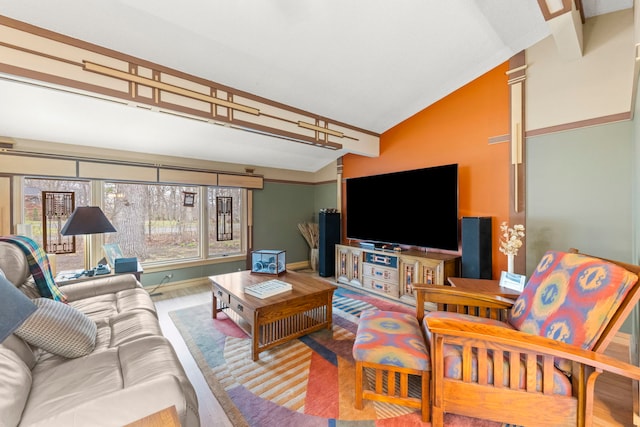 8712 W 121st St, Palos Park, IL 60464 - living area featuring wood finished floors, high vaulted ceiling, and baseboards