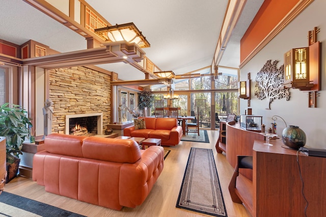 8712 W 121st St, Palos Park, IL 60464 - living room featuring high vaulted ceiling, wood finished floors, and a fireplace