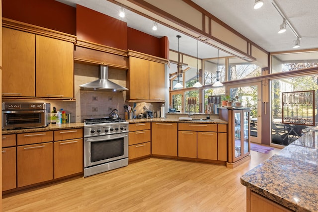 8712 W 121st St, Palos Park, IL 60464 - kitchen with stainless steel range, track lighting, a sink, wall chimney range hood, and light wood-type flooring
