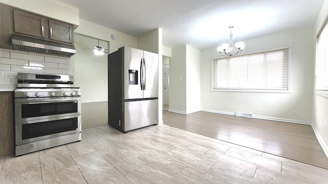 kitchen with dark brown cabinetry, light countertops, under cabinet range hood, visible vents, and appliances with stainless steel finishes