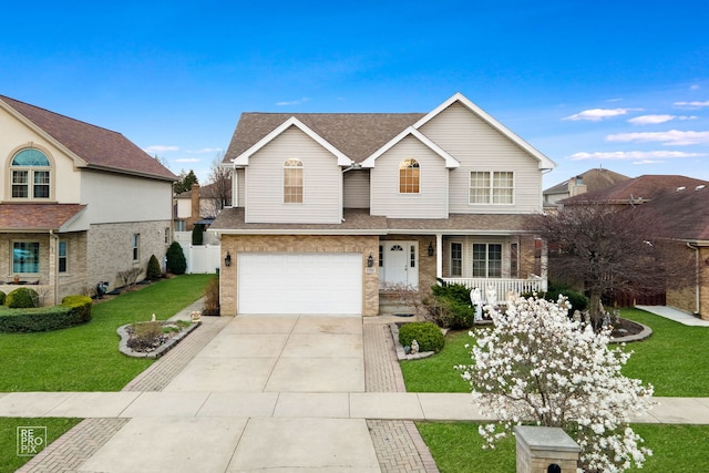traditional-style home with a porch, a front lawn, an attached garage, a shingled roof, and driveway