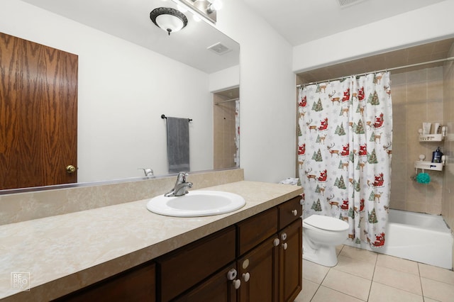 bathroom featuring vanity, shower / tub combo with curtain, tile patterned flooring, toilet, and visible vents