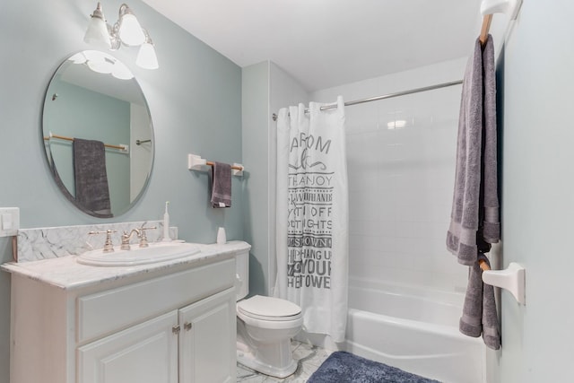 full bath featuring toilet, vanity, and shower / bath combo with shower curtain