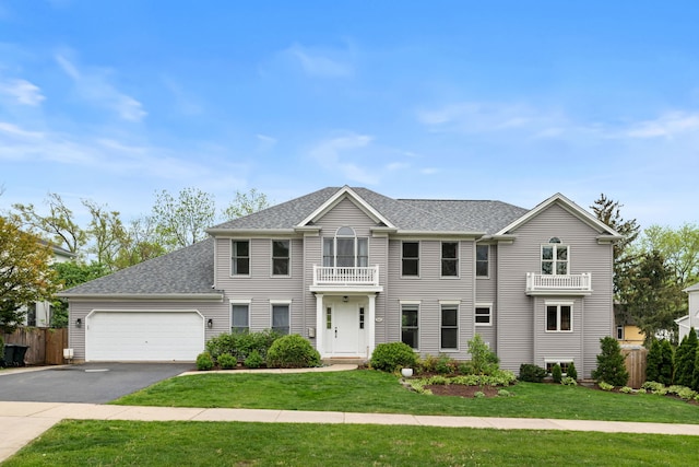 view of front facade featuring a garage, fence, a balcony, a shingled roof, and driveway