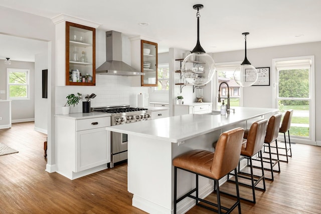 kitchen with decorative backsplash, light countertops, wall chimney exhaust hood, high end stove, and a sink