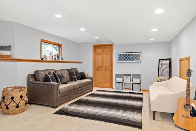 living room with carpet floors and recessed lighting