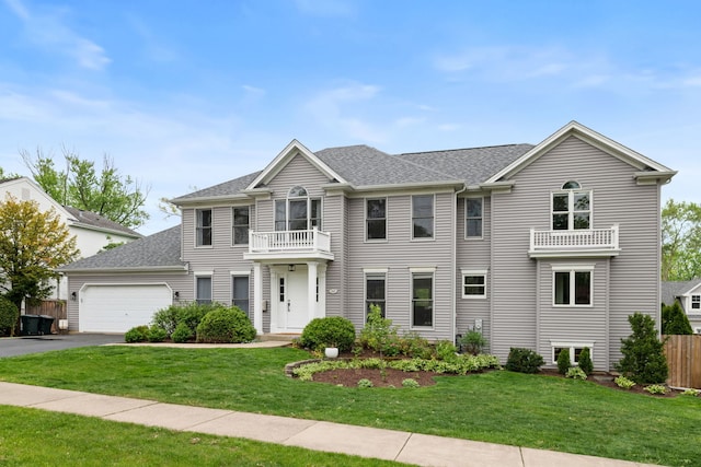 colonial inspired home featuring roof with shingles, an attached garage, a front lawn, aphalt driveway, and a balcony
