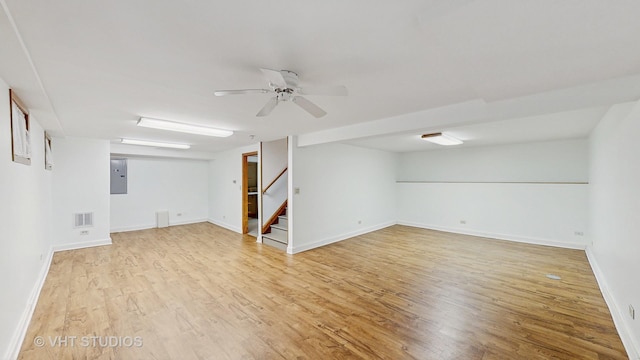 1144 Jane Ave, Naperville, IL 60540 - finished basement with light wood finished floors, stairway, electric panel, and a ceiling fan