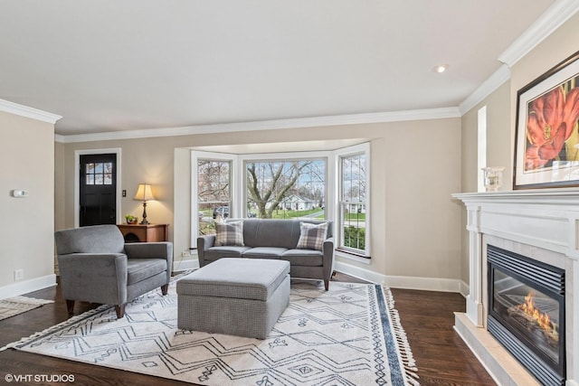 living room featuring a glass covered fireplace, baseboards, ornamental molding, and wood finished floors