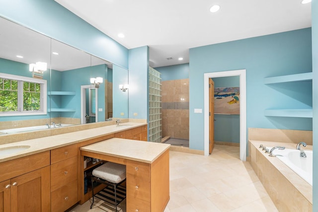 8673 Timber Ridge Dr, Burr Ridge, IL 60527 - bathroom featuring a bath, vanity, tiled shower, recessed lighting, and tile patterned flooring