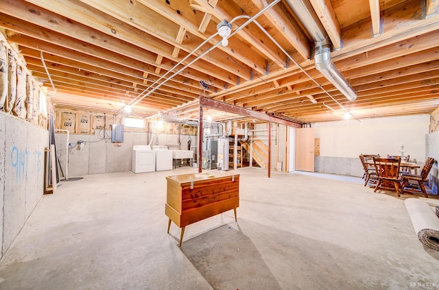 9147 Boardwalk Ter, Orland Hills, IL 60487 - basement with electric panel, washing machine and dryer, a sink, and gas water heater