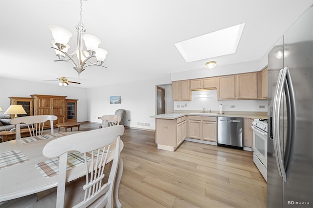 9147 Boardwalk Ter, Orland Hills, IL 60487 - kitchen featuring visible vents, light countertops, light brown cabinetry, a peninsula, and stainless steel appliances