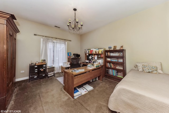 bedroom with carpet floors, baseboards, an inviting chandelier, and visible vents