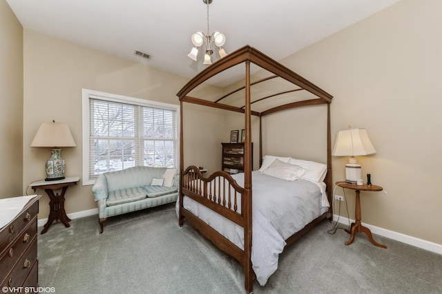 carpeted bedroom with visible vents, baseboards, and a notable chandelier