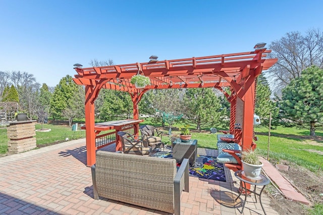 view of patio featuring a pergola and outdoor lounge area