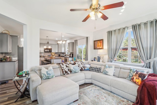 living area featuring a wealth of natural light, wood finished floors, and ceiling fan with notable chandelier