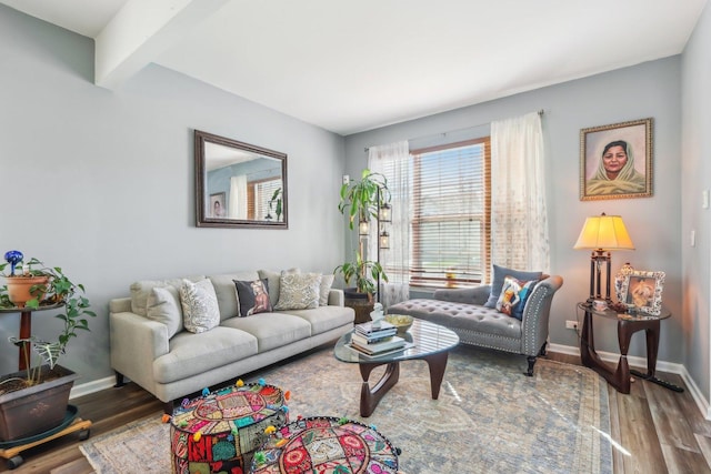 living area featuring baseboards and wood finished floors