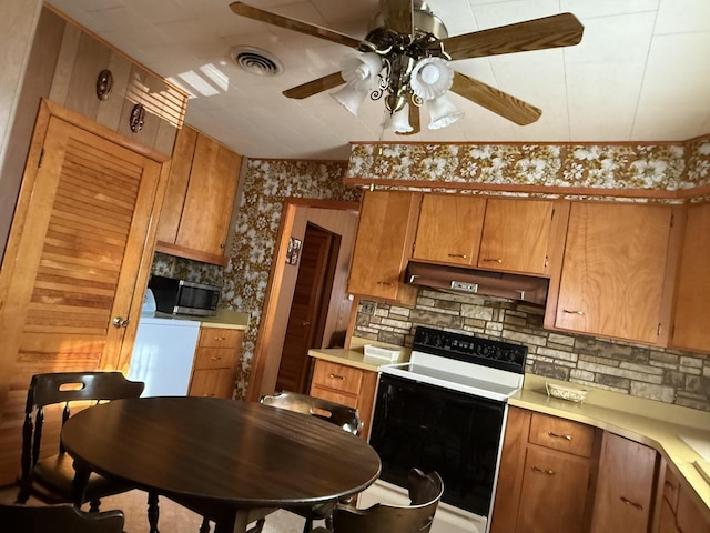 kitchen featuring ceiling fan, visible vents, under cabinet range hood, stainless steel microwave, and electric range oven