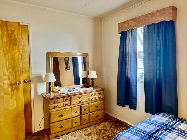 bedroom with dark colored carpet and ornamental molding