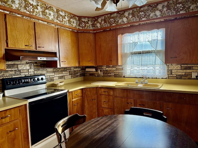kitchen with a sink, light countertops, electric stove, and under cabinet range hood