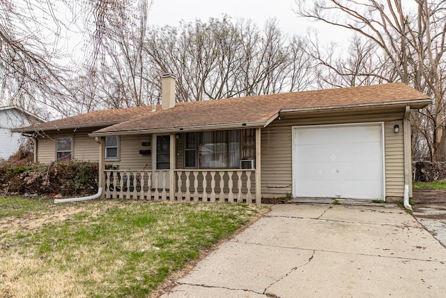 single story home with concrete driveway, a porch, a chimney, and an attached garage