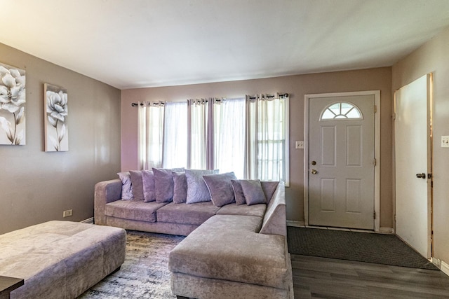 living area with baseboards and wood finished floors