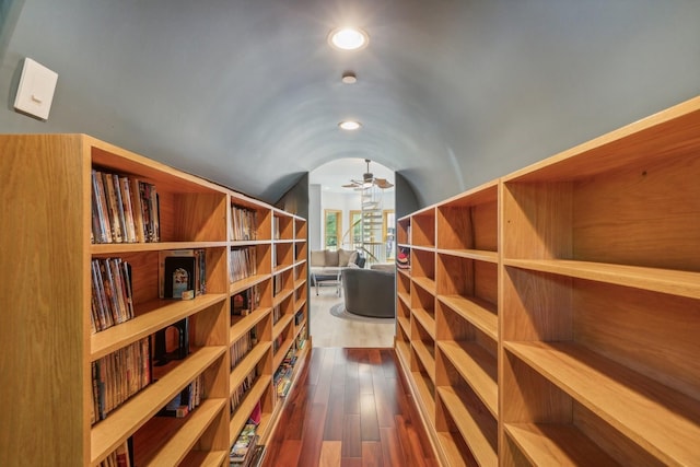 wine cellar featuring recessed lighting, dark wood-style floors, vaulted ceiling, and a ceiling fan