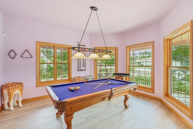 rec room featuring wood finished floors, pool table, and baseboards