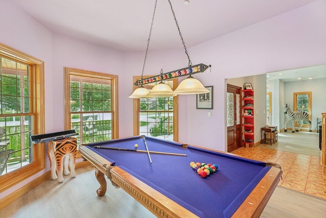 recreation room with billiards, recessed lighting, and wood finished floors