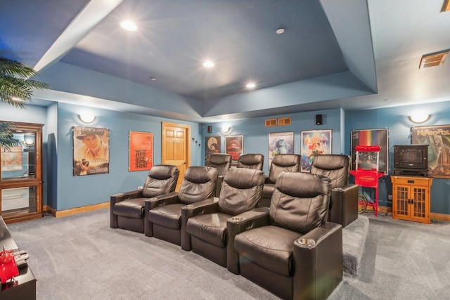 home theater room with visible vents, baseboards, recessed lighting, and carpet