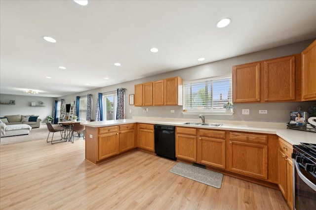 kitchen featuring a peninsula, a healthy amount of sunlight, gas range, a sink, and dishwasher