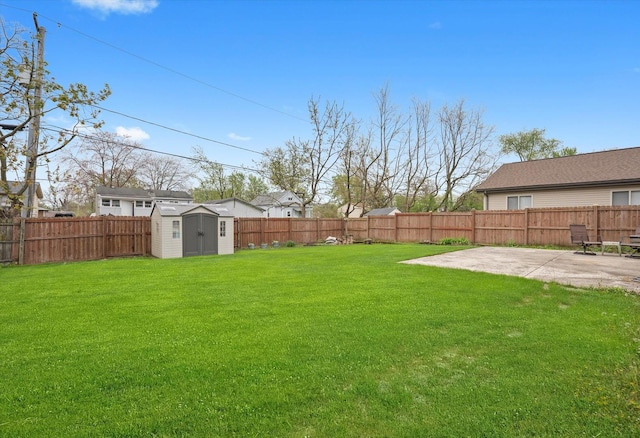 view of yard with a patio, a shed, and an outdoor structure