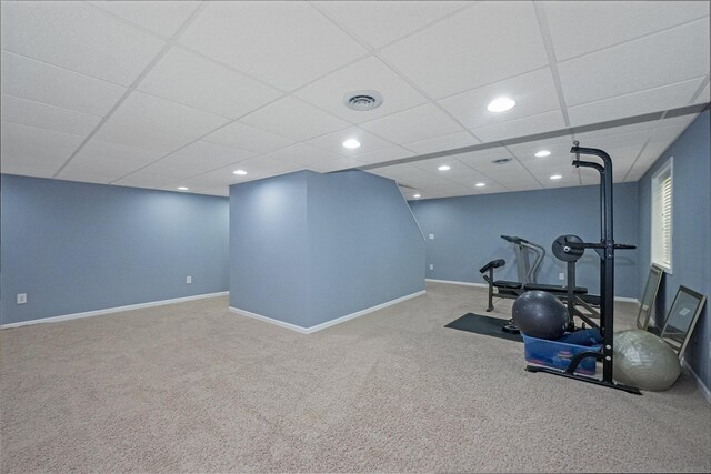 exercise room featuring visible vents, baseboards, carpet, and recessed lighting