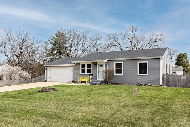 ranch-style home featuring a garage, a front yard, driveway, and fence