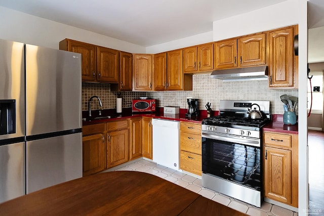 kitchen featuring backsplash, dark countertops, under cabinet range hood, appliances with stainless steel finishes, and a sink