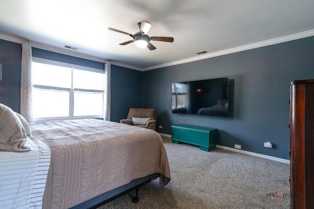 bedroom featuring carpet floors, visible vents, baseboards, and ornamental molding