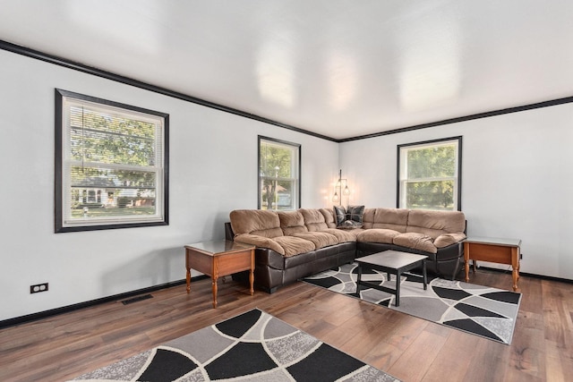 living area with crown molding, visible vents, and plenty of natural light