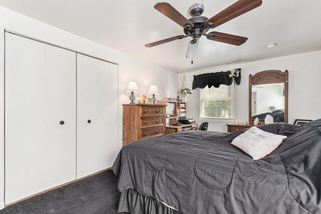 bedroom featuring carpet floors, a ceiling fan, and a closet