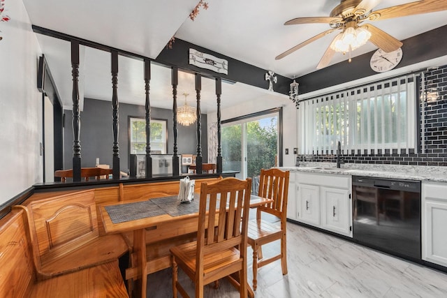 dining room with marble finish floor and ceiling fan