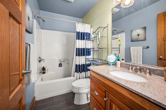 full bathroom with toilet, shower / bath combo, wood tiled floor, and vanity