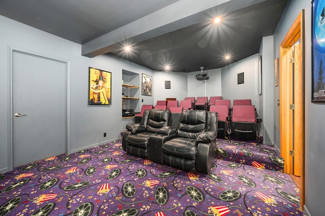 carpeted cinema room featuring baseboards and recessed lighting