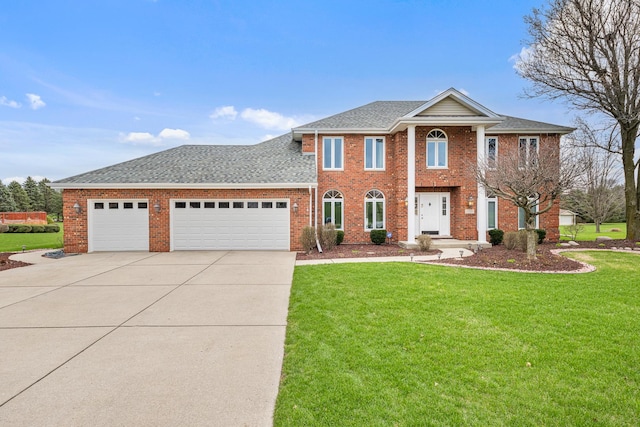 view of front of property with a shingled roof, an attached garage, concrete driveway, brick siding, and a front lawn