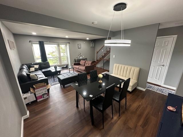 1968 Holbrook Ln, Hoffman Estates, IL 60169 - dining room with recessed lighting, baseboards, dark wood-style floors, and stairway