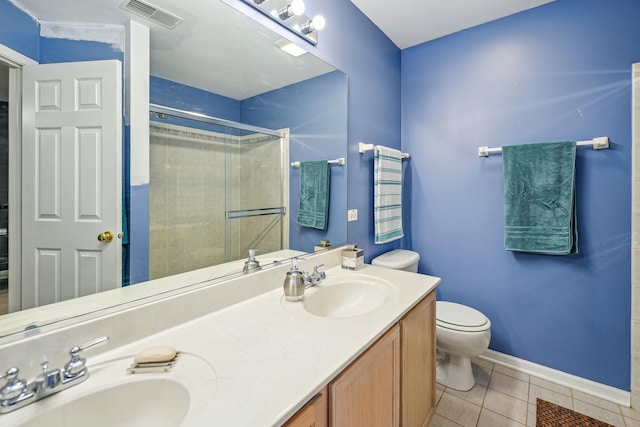 bathroom featuring a shower stall, visible vents, toilet, a sink, and tile patterned floors