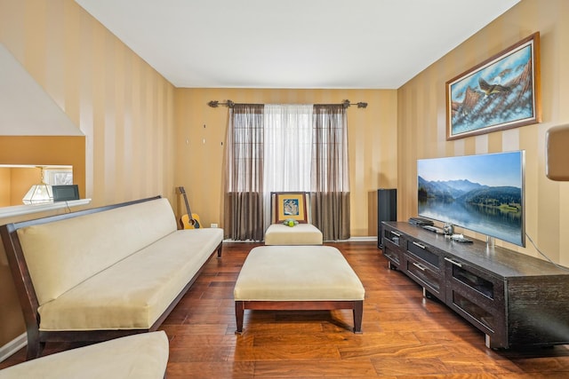 living room with dark wood finished floors