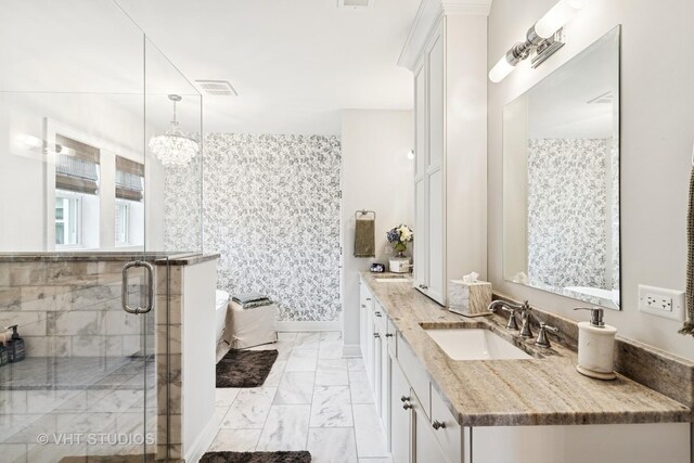 10044 S Leavitt St, Chicago, IL 60643 - bathroom with vanity, marble finish floors, a shower stall, a bath, and a chandelier