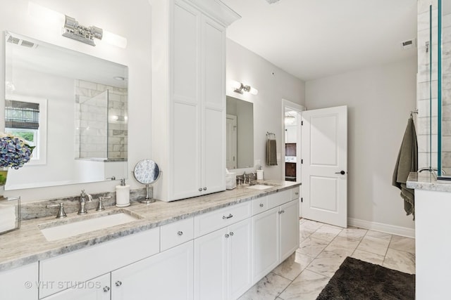 10044 S Leavitt St, Chicago, IL 60643 - full bath featuring marble look tiles, double vanity, and baseboards