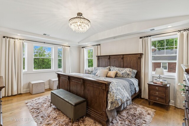 10044 S Leavitt St, Chicago, IL 60643 - bedroom with lofted ceiling, light wood-type flooring, a chandelier, baseboards, and recessed lighting